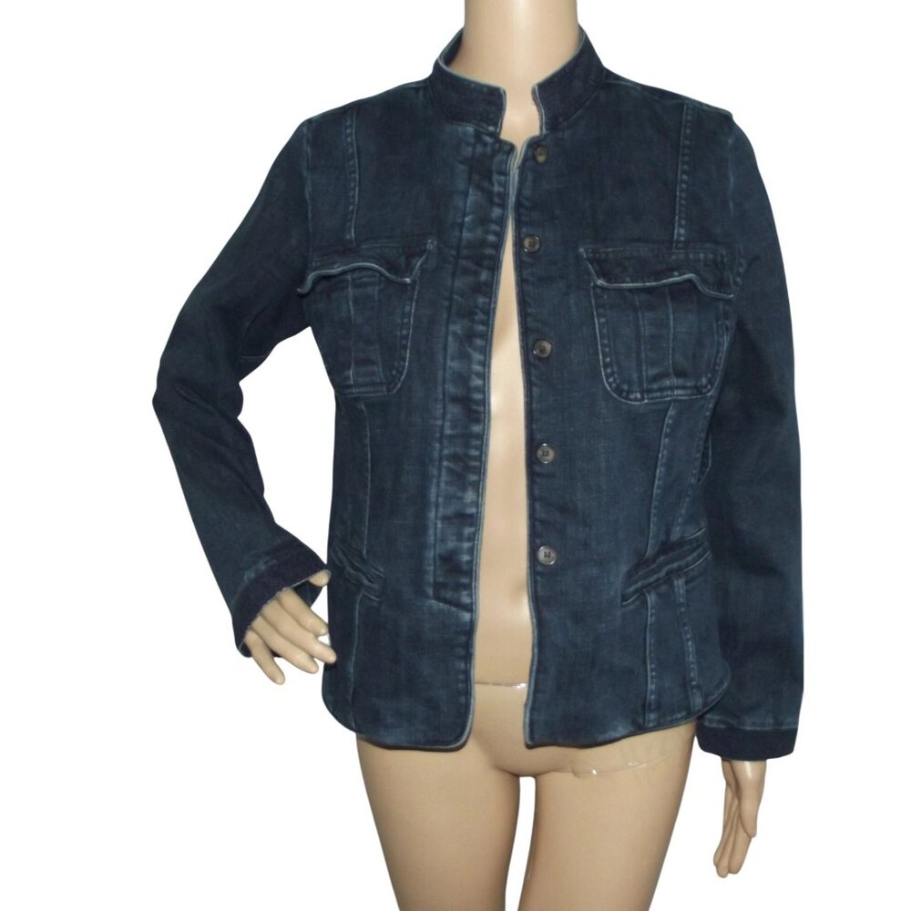 Charter Club Jean Jacket Womens Sz Small Dark Blue crochet denim Stand Up Collar